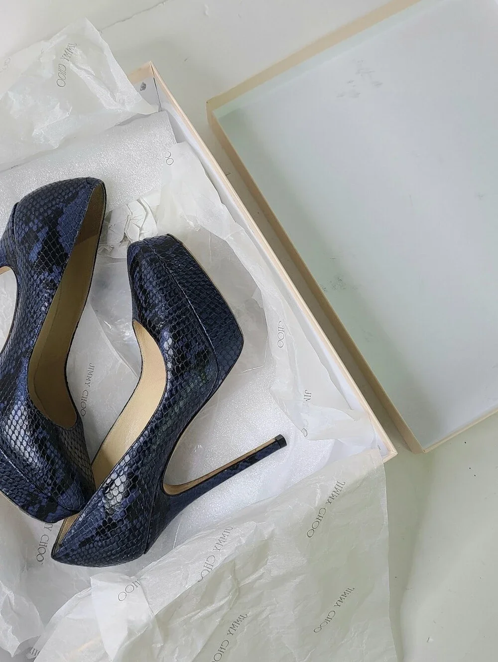 Jimmy Choo London Cosmic Navy Embossed Snakeskin Print Leather Platform Pumps